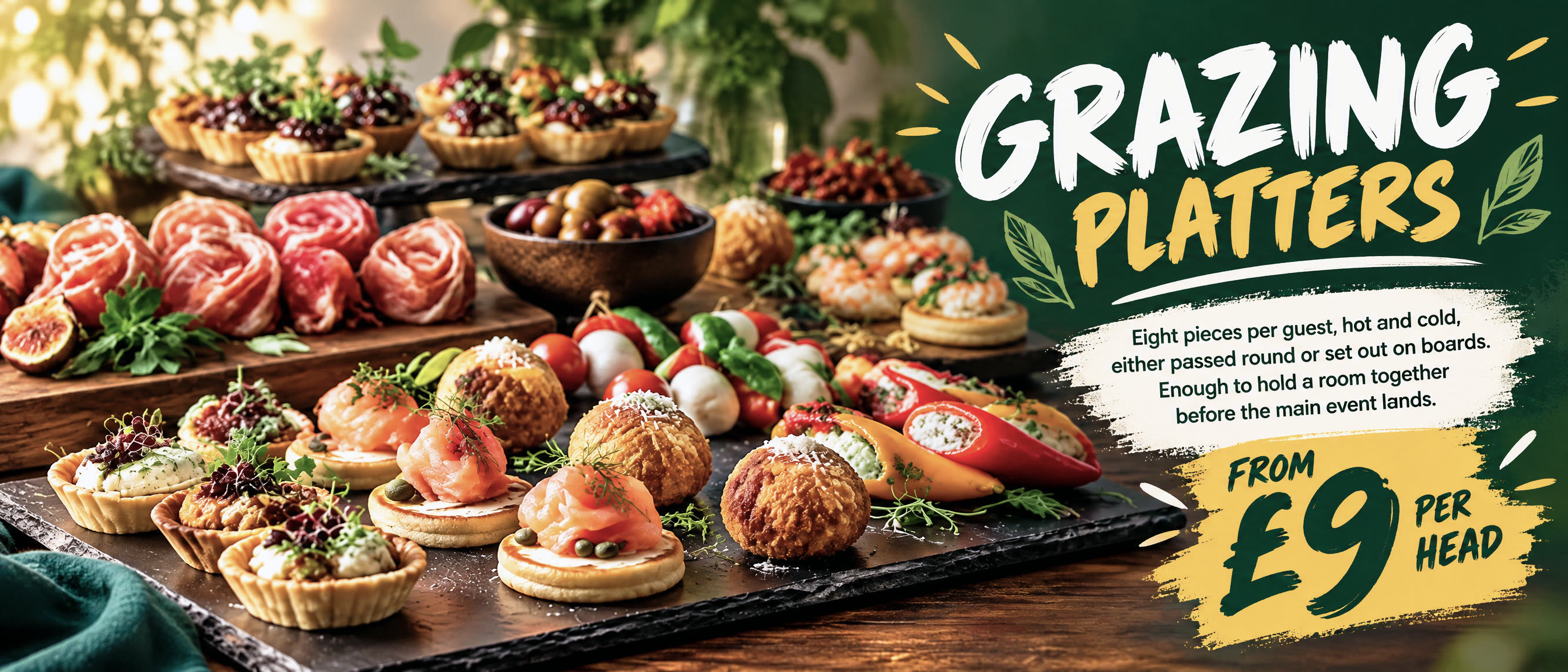 Grazing platters with tarts, salmon and arancini, from nine pounds per head