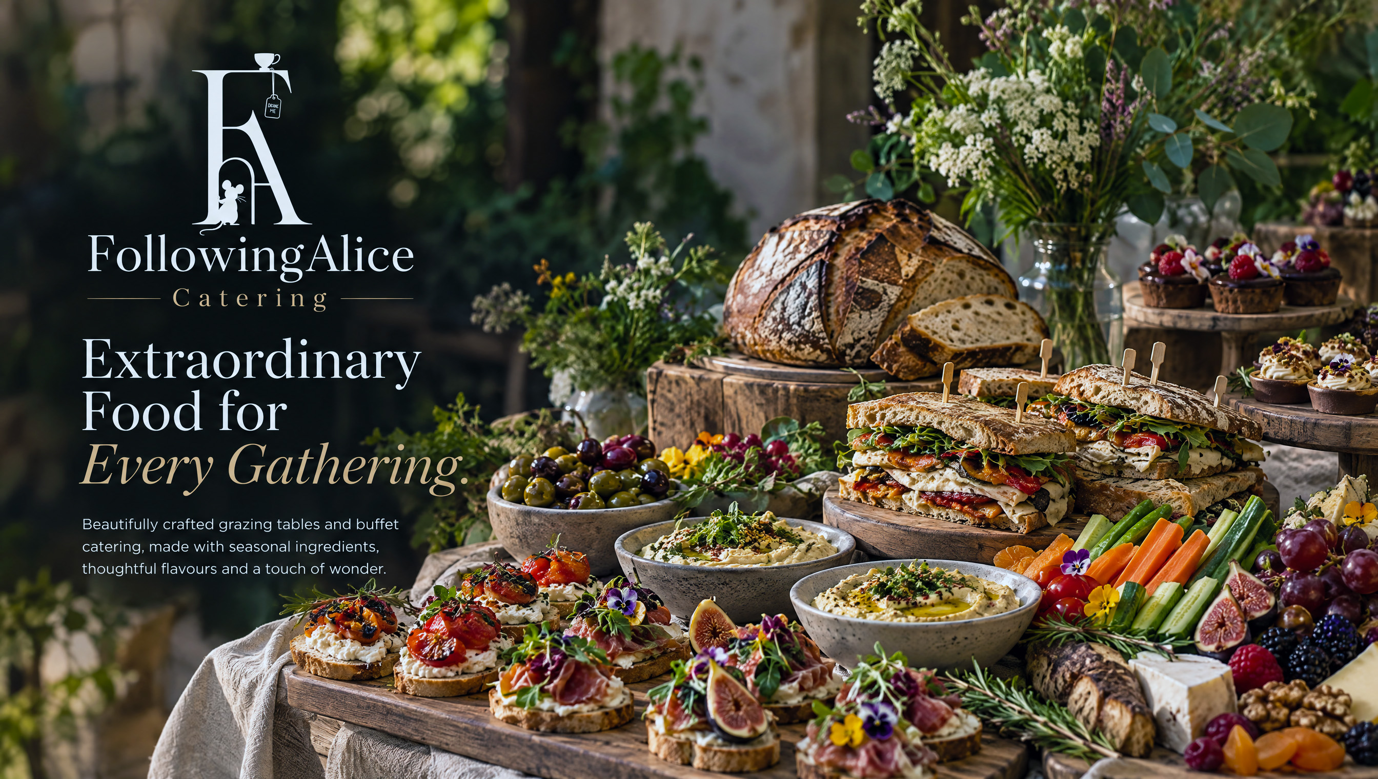 A FollowingAlice grazing table with sandwiches, crostini and seasonal produce