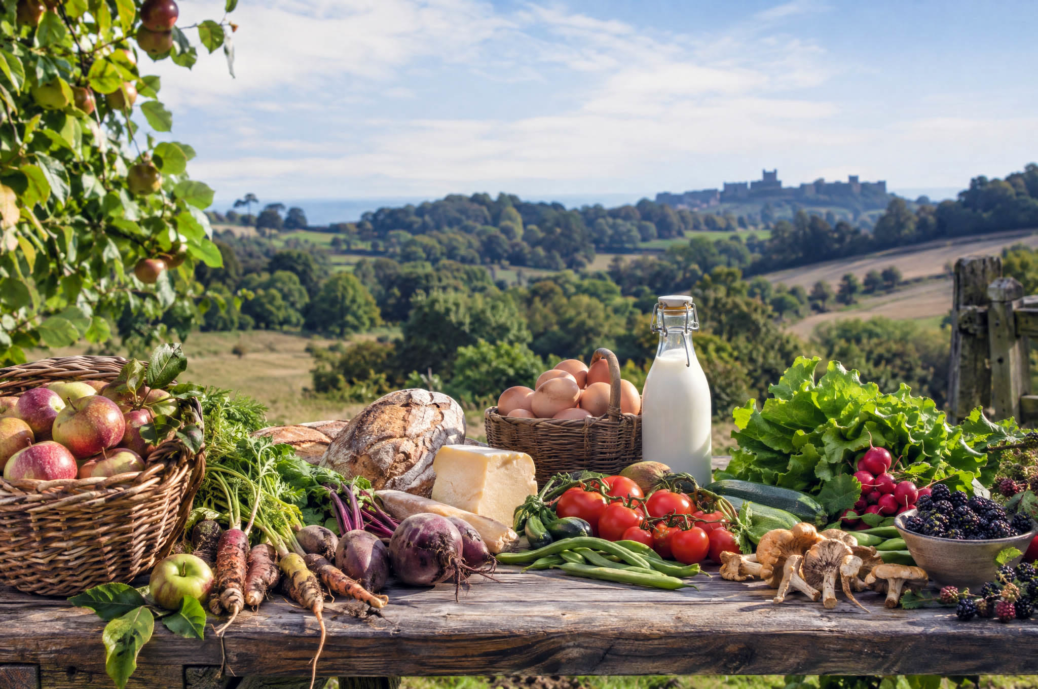 Kent produce on a farm table with the county behind it