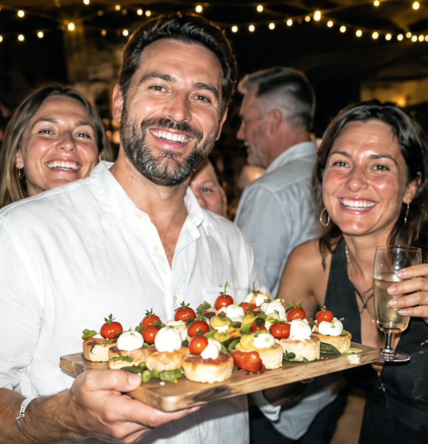 Guests with a canape board at an evening party