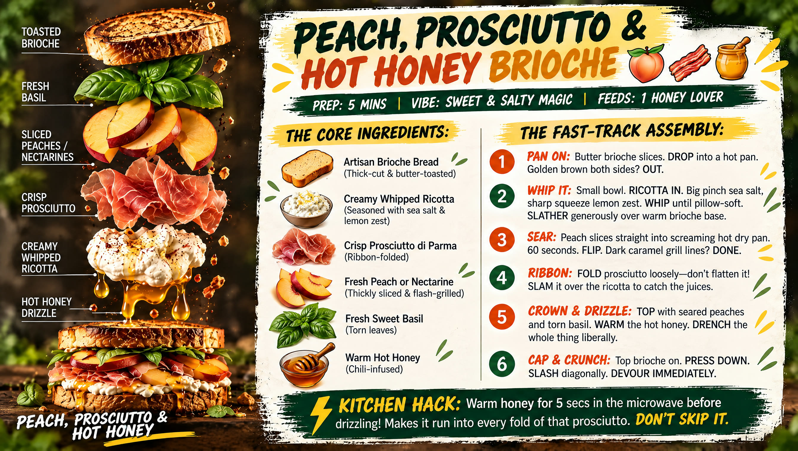 Peach, prosciutto and hot honey brioche recipe card