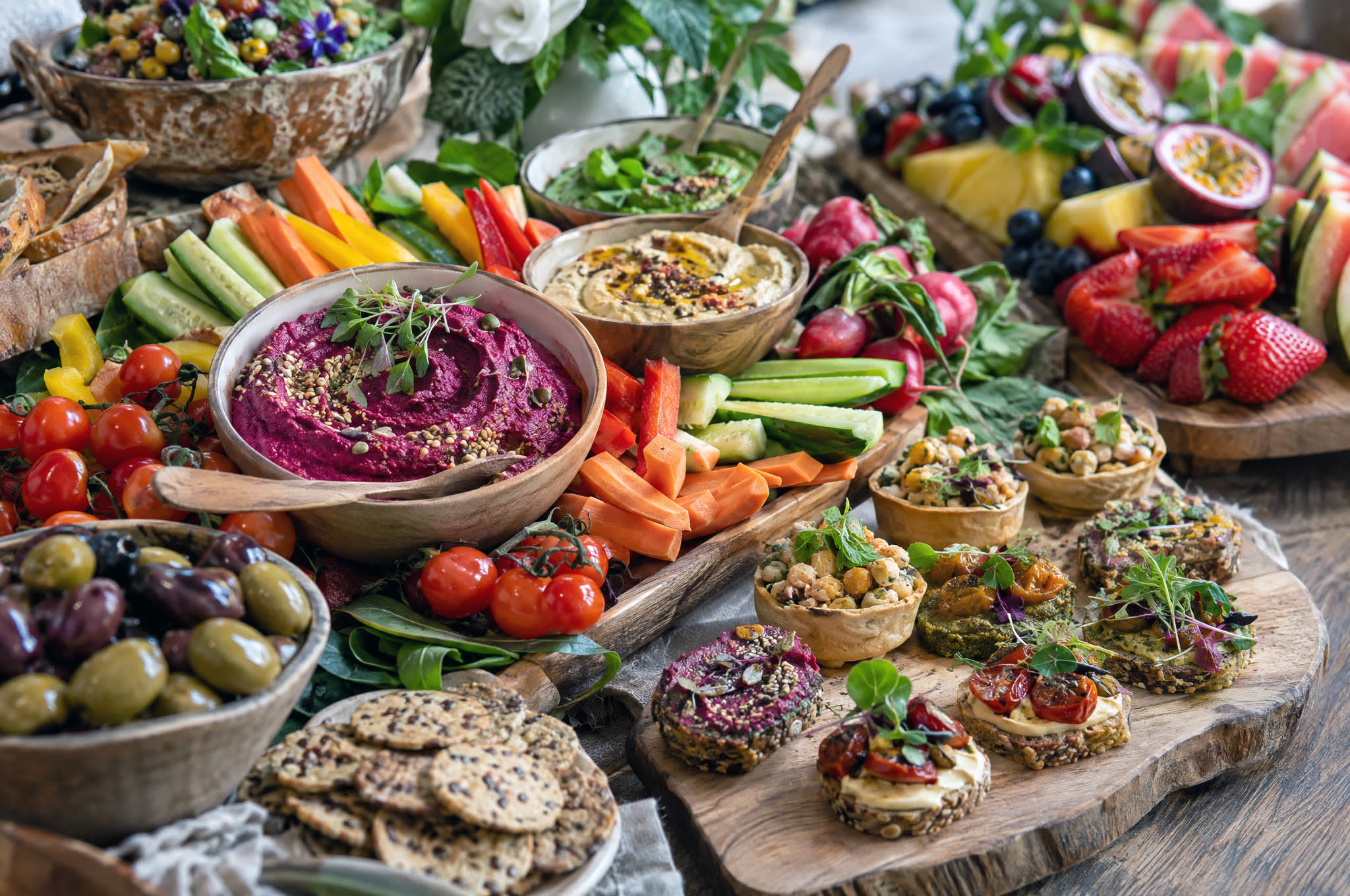 Vegan grazing boards, roast vegetables and dips