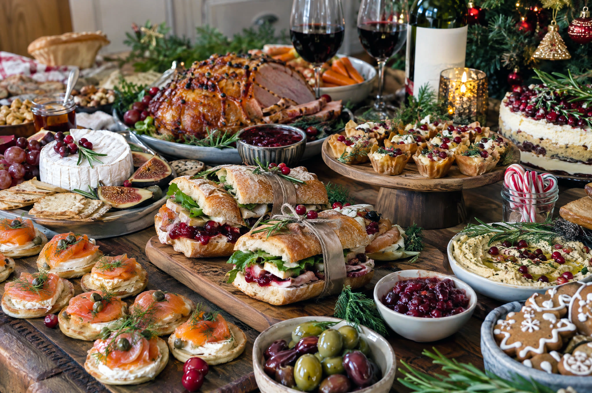 A traditional Christmas grazing table with ham, salmon, cheese and wine
